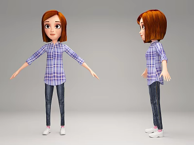 Cartoon Style Game and Movie Character With Red Brown Short Hair Blue Purple Plaid Shirt 3d model