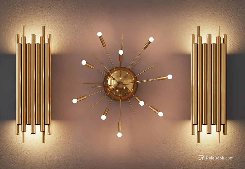 Golden Wall Lamps With Sunburst Centerpiece And Vertical Bar Sconces Elegant Luxury Illuminated Warm Light 3d model 