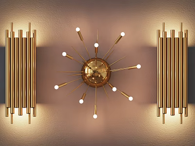 Golden Wall Lamps With Sunburst Centerpiece And Vertical Bar Sconces Elegant Luxury Illuminated Warm Light 3d model