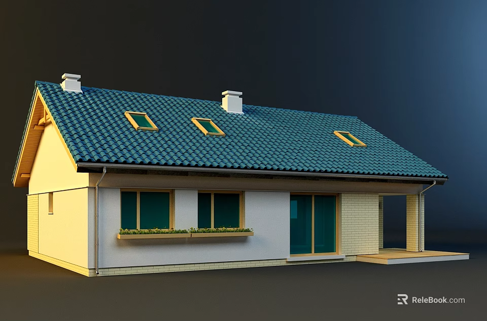 Modern House Exterior With Green Roof Skylights Yellow Walls And Porch 3d model 