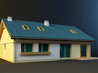 Modern House Exterior With Green Roof Skylights Yellow Walls And Porch 3d model