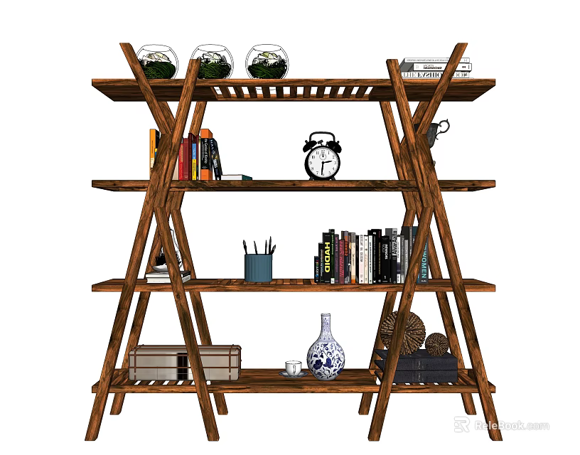 Wooden Bookshelf Displaying Glass Cloche Plants Alarm Clock Books Vase and Decorative Items 3d model 