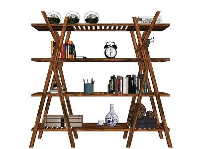 Wooden Bookshelf Displaying Glass Cloche Plants Alarm Clock Books Vase and Decorative Items 3d model