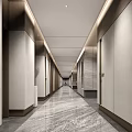 Elegant Elevator Hallway with Gray Marble Walls Patterned Carpet Recessed Lighting and Decorative Branch Sculpture