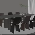 Contemporary Dining Table Set Featuring Six Black Brown Chairs Green Plant And Book