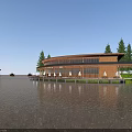 Wooden Boutique Hotel Building Waterfront with Pines Large Glass Windows Terrace and Scenic Water Reflection