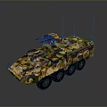 Camouflaged Military Armored Tank With Multiple Wheels Turret Mounted Gun And Antennas