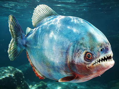 Vibrant Blue and Red Aquatic Fish with Sharp Teeth Swimming Underwater Near Rocks 3d model