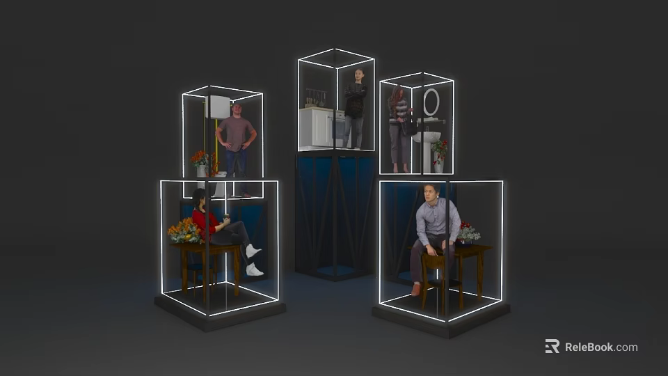 Modern Ballroom Featuring Transparent Cubes Displaying Various People Scenes 3d model 