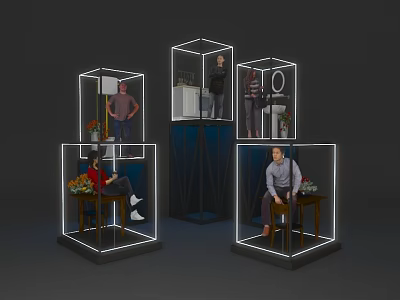Modern Ballroom Featuring Transparent Cubes Displaying Various People Scenes 3d model