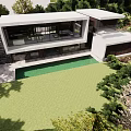 Modern Detached Villa With Glass Walls And Terrace Surrounded By Lush Green Trees And Garden