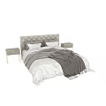 Modern Double Bed With Quilted Headboard White Bed Sheets And Gray Blanket And Matching Nightstands