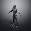 Futuristic Metallic Armored Humanoid Character Standing in Dark Gradient Background with Reflective Floor