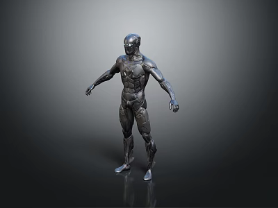 Futuristic Metallic Armored Humanoid Character Standing in Dark Gradient Background with Reflective Floor 3d model