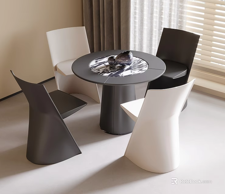 Modern Round Black Dining Table With White And Black Chairs In Sleek Design 3d model 