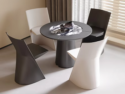 Modern Round Black Dining Table With White And Black Chairs In Sleek Design 3d model