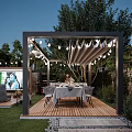 Cozy Outdoor Garden Landscape With Fire Pit Gray Sofa TV Screen And String Lights
