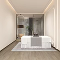 Elegant SPA Sauna Room With Massage Table Towels Green Plants Modern Shower And Soft Lighting