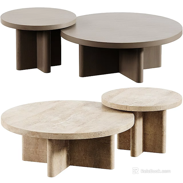 Round Coffee Tables With Dark Brown Wooden And Light Beige Stone Geometric Bases 3d model 