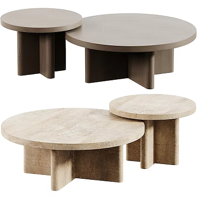 Round Coffee Tables With Dark Brown Wooden And Light Beige Stone Geometric Bases 3d model