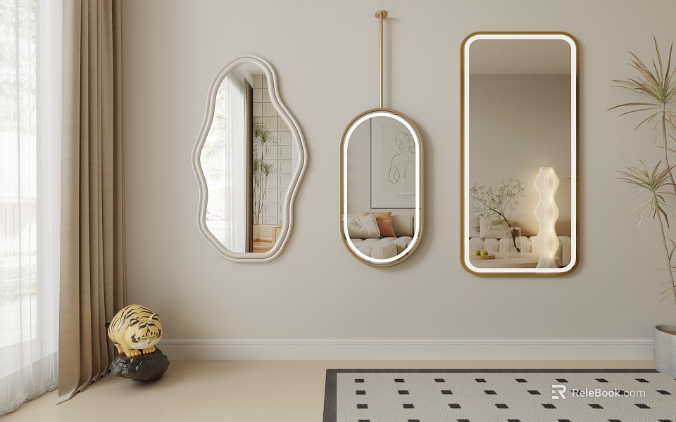 Three Irregular Oval And Rectangular Gold Framed Mirrors Wall Decor With Curtain And Ornaments 3d model 