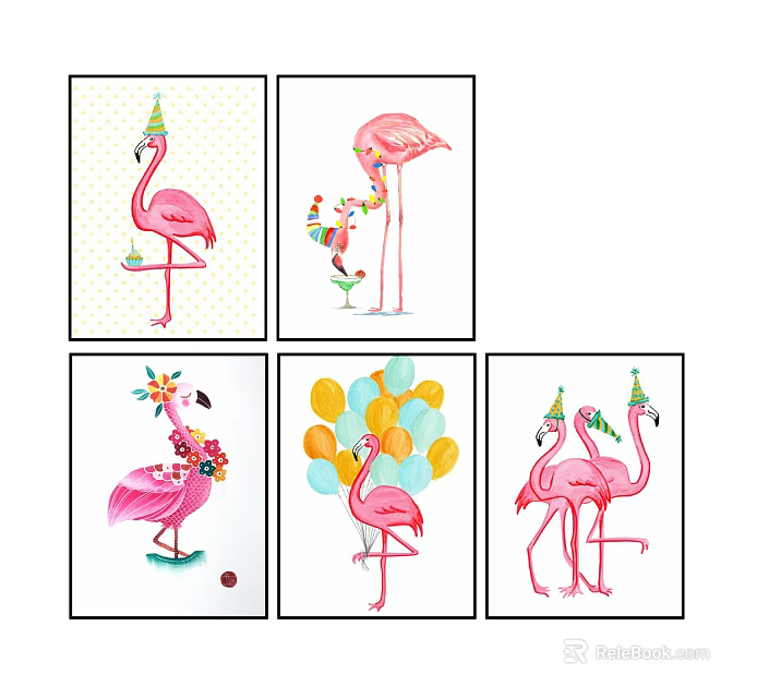 Colorful Flamingo Animal Paintings With Party Hats Balloons Flowers And Gift Decor 3d model 