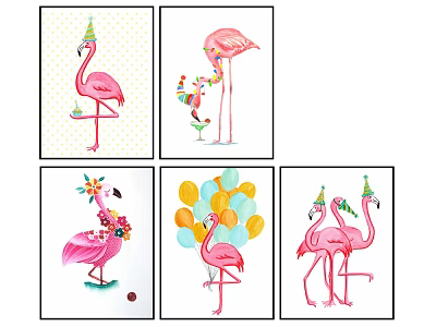 Colorful Flamingo Animal Paintings With Party Hats Balloons Flowers And Gift Decor 3d model