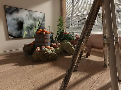 Artistic Interior With Wall Painting Hay Bales Fruits Ladder And Green Plant 3d model