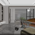 Modern Living and Dining Room Interior with Marble Wall Green Chairs TV and Fireplace