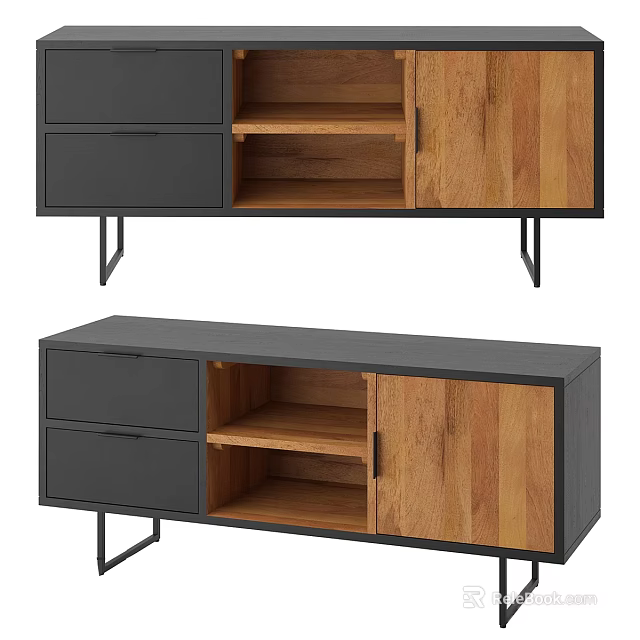Modern TV Stand With Wooden Panels Metal Legs Storage Drawers And Open Shelves 3d model 