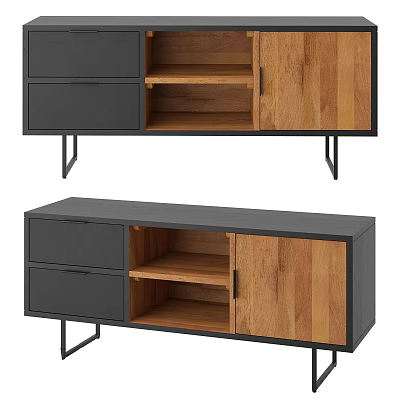 Modern TV Stand With Wooden Panels Metal Legs Storage Drawers And Open Shelves 3d model