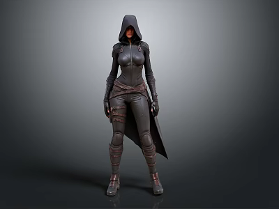 Woman In Black Hooded Fitted Outfit With Long Boots And Cloak Design 3d model