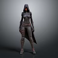 Woman In Black Hooded Fitted Outfit With Long Boots And Cloak Design