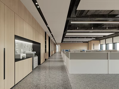 Modern Public Office Space With Open Workstations And Ceiling Lighting Design 3d model