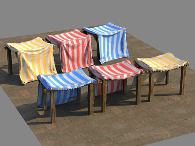 Wooden Chairs Covered With Yellow Red Blue Striped Fabric On Brick Floor 3d model