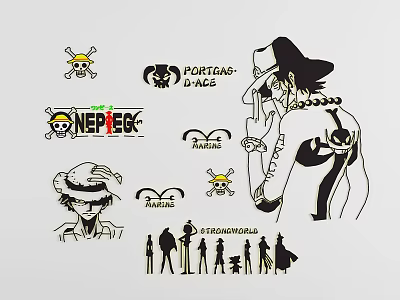 Cartoon Pirate Skull And Character Silhouettes Anime Themed Wall Decor Sticker Design 3d model
