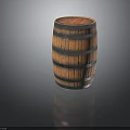 Rustic Wooden Barrel With Metal Hoops And Distressed Wood Texture Standing On Reflective Surface