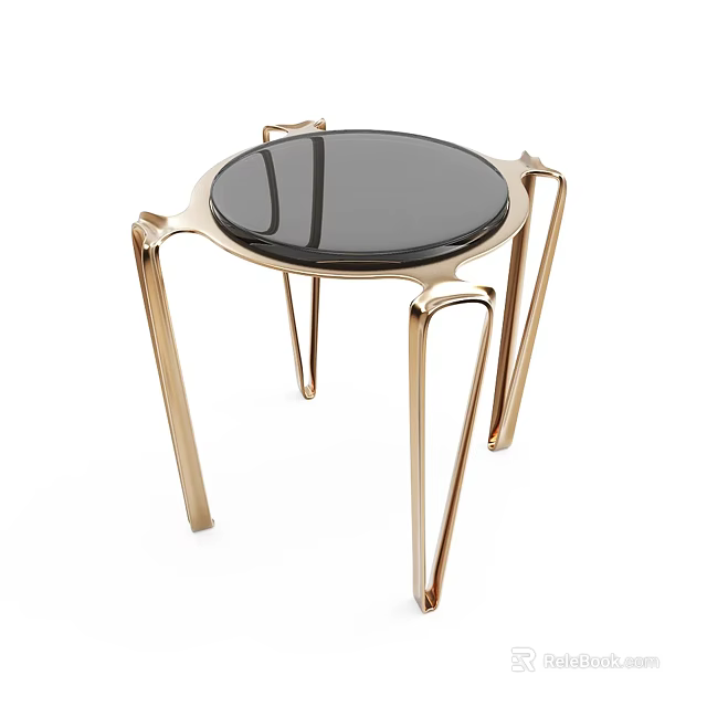 Modern Round Side Table With Black Glass Top And Gold Metal Legs 3d model 