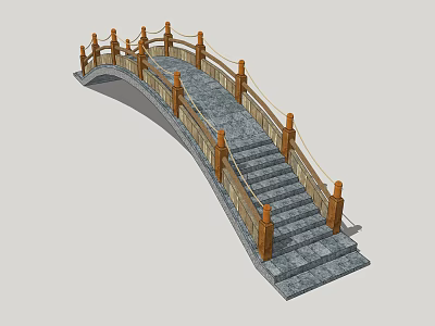 Arched Landscape Bridge Featuring Stone Steps Wooden Railings And Decorative Pillars 3d model