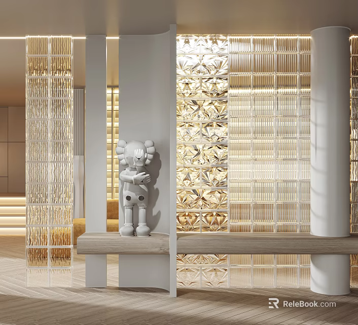 Elegant Modern Partition Design With Carved Patterns Sculpture And Wooden Bench 3d model 