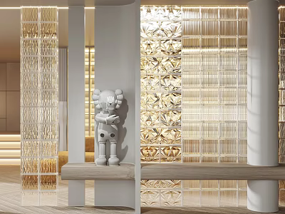 Elegant Modern Partition Design With Carved Patterns Sculpture And Wooden Bench 3d model