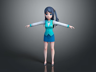 3D Female Game and Movie Character With Blue Ponytail Blue White Vest Skirt 3d model