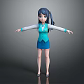 3D Female Game and Movie Character With Blue Ponytail Blue White Vest Skirt