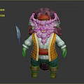 Cartoon Game Character With Purple Hair Red Bandana White Beard Orange Vest And Brown Boots