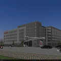 Modern Gray Office Building With Large Windows Arch Gate And Open Parking Area 3d model