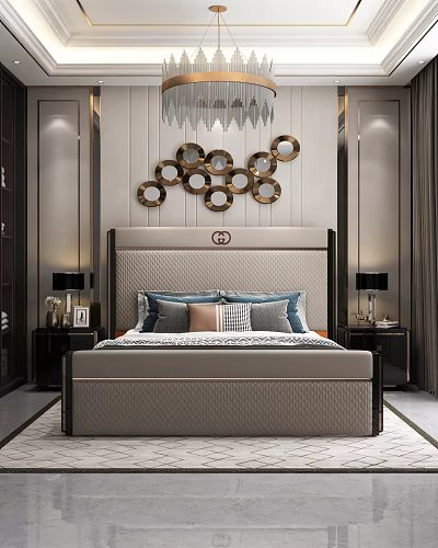 Elegant Modern Bedroom Interior With Upholstered Headboard Plush Pillows And Circular Metallic Wall Decor 3d model