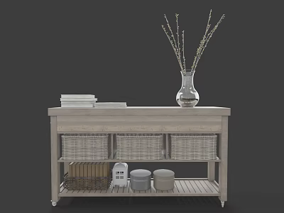 Light Gray Wooden Sideboard Featuring Wicker Baskets Books Vase With Dried Branches And Small Canisters 3d model