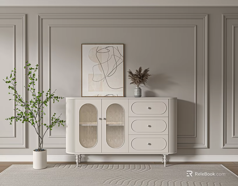 White Entryway Console Cabinet With Glass Doors Drawers Plant And Artwork On Gray Wall 3d model 