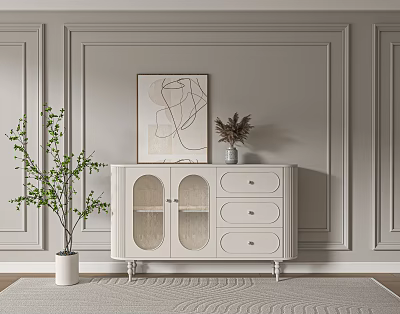 White Entryway Console Cabinet With Glass Doors Drawers Plant And Artwork On Gray Wall 3d model