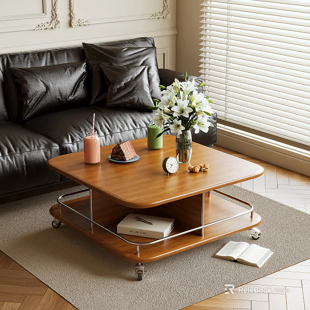Stylish Wooden Coffee Table With White Flowers Clock And Books Near Black Leather Sofa 3d model 